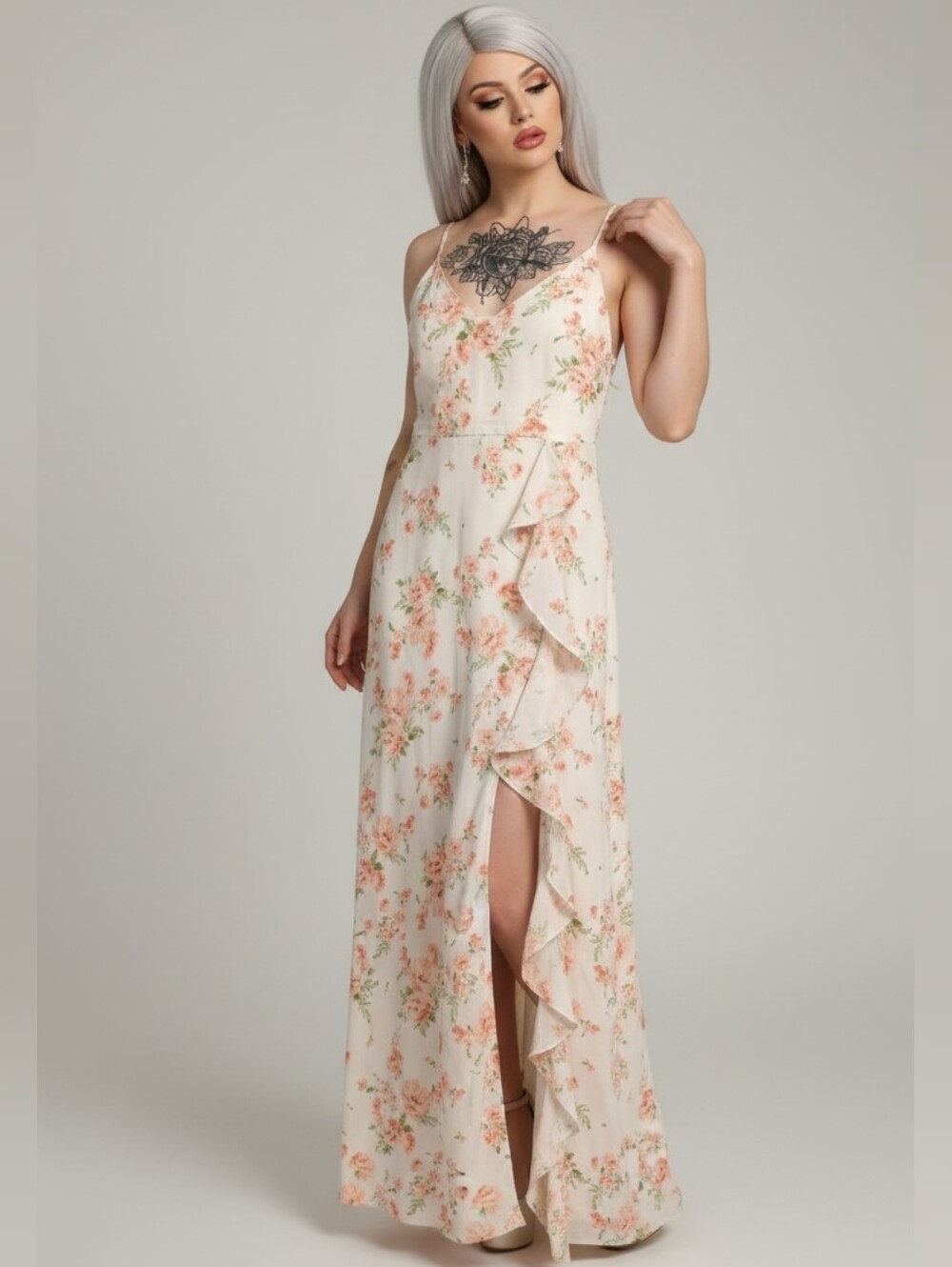 Birdy Grey White Maxi Dress with Peach Floral Print